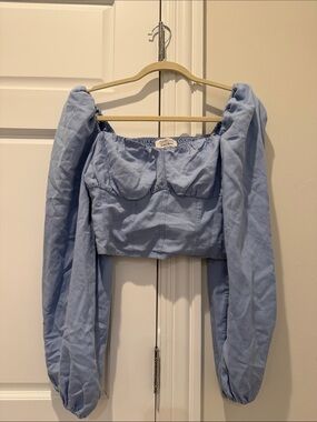 Light Blue Puff Sleeve Cropped Blouse